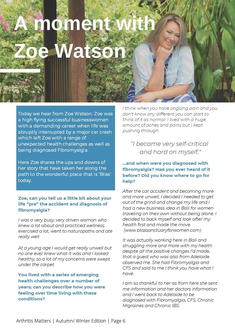 Zoe Watson fibromyalgia interview Arthritis Matters magazine