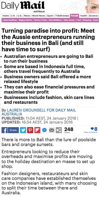 Aussie entrepreneurs Zoe Watson Bliss Bali Retreat Daily Mail online 1
